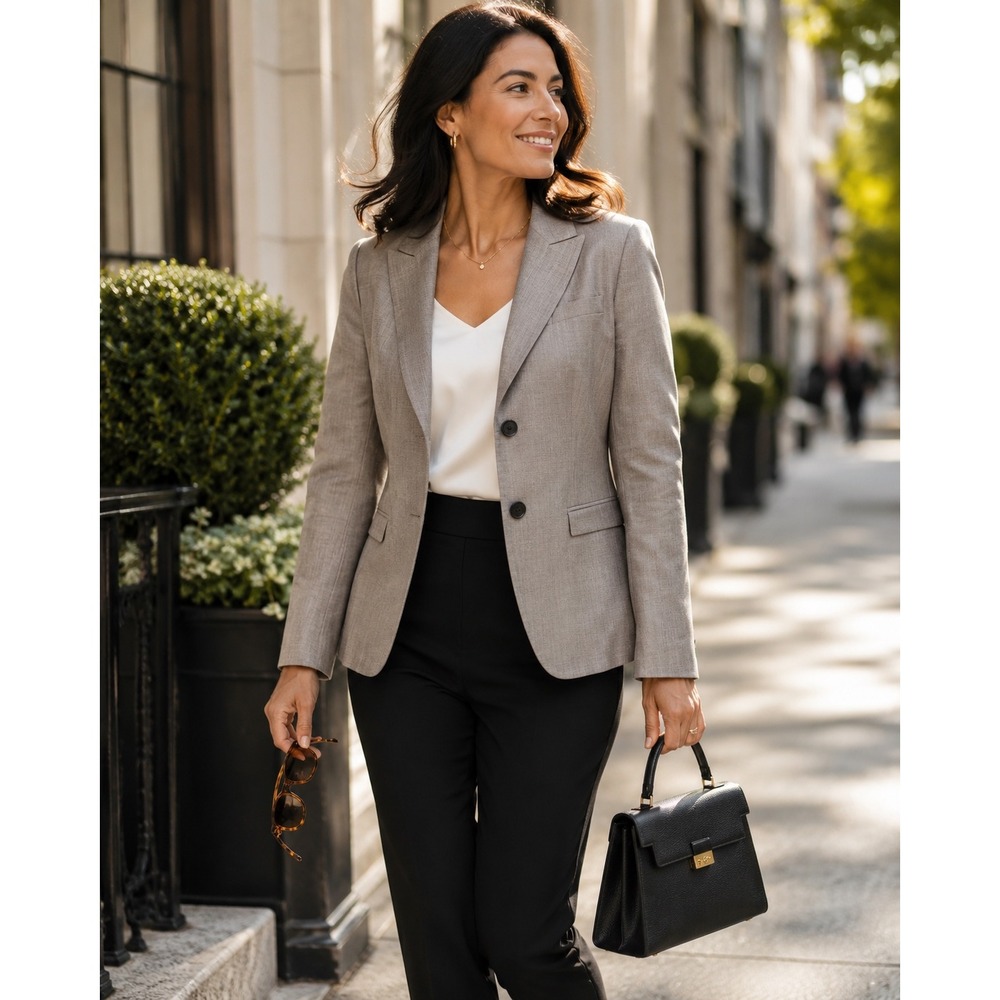 Lafayette 148 New York Taupe Herringbone Virgin Wool Blazer Size 10 Quiet Luxury